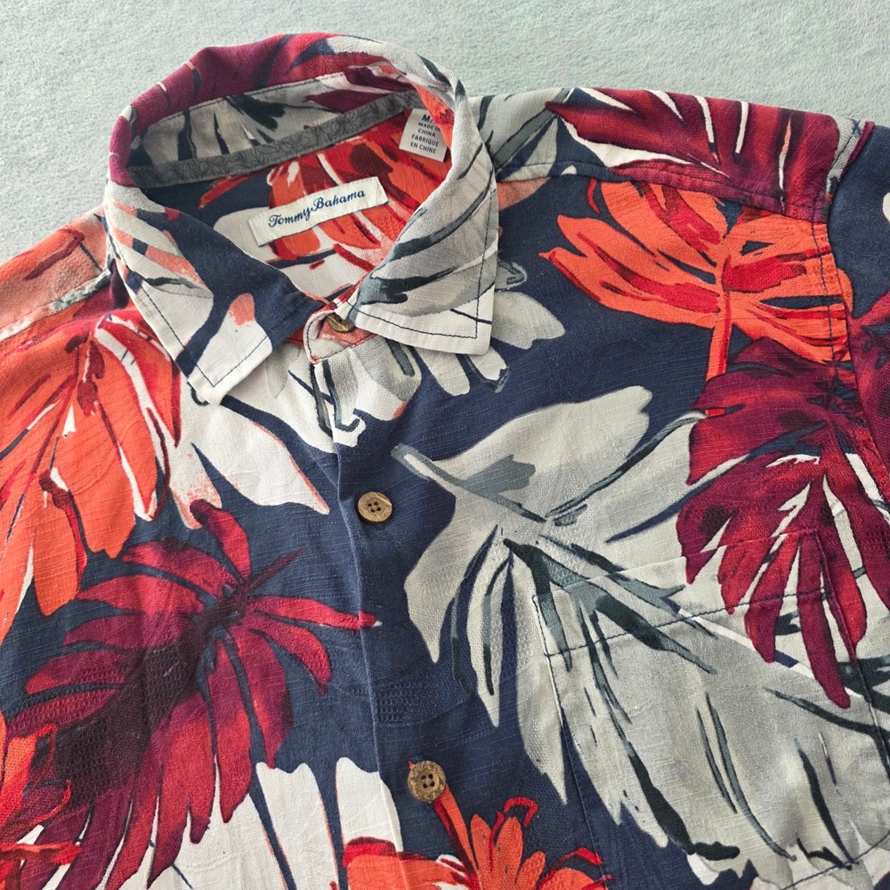 Tommy Bahama Mens M Silk Tropical Leaf Print Short Sleeve Button Down Shirt Navy